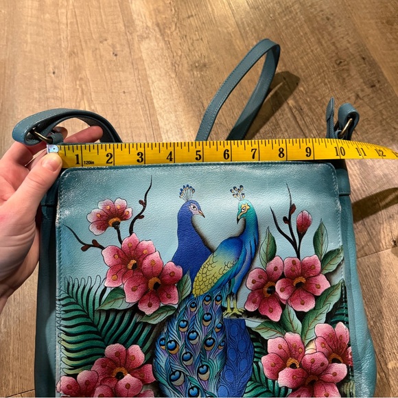 Anuschka Peacock Hand-Painted Blue Floral Crossbody Bag - Picture 14 of 15